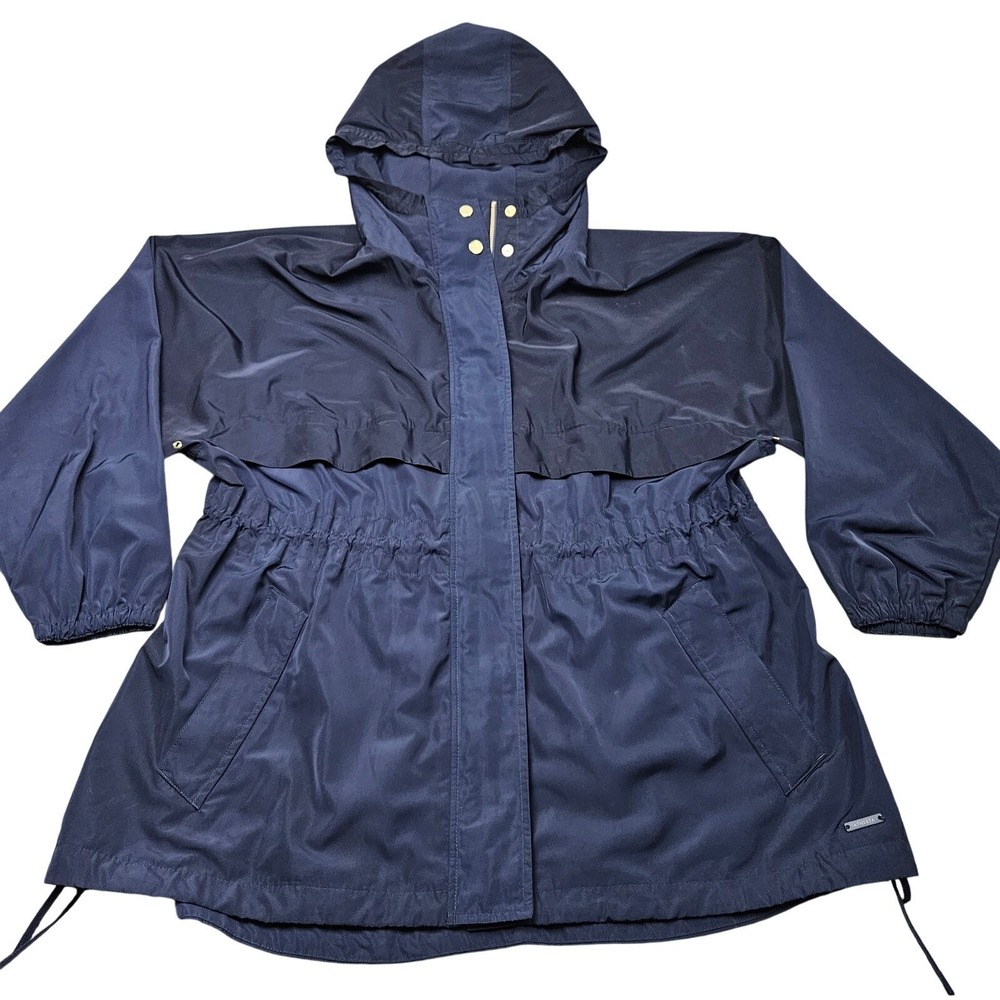 Athleta Hooded Rain Jacket Womens S M Navy Blue Cinched Waist Parka Coat Utility